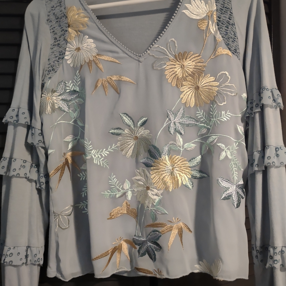 Floral Embroidered Women's Blouse in Soft Blue